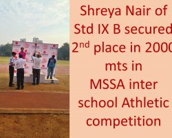 Shreya Nair stood 2nd in 2000 m in MSSA Inter School Athletic Meet